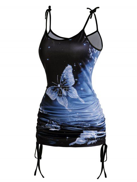Glitter Butterfly Print Long Tank Top Cinched Bowknot Strap Tank Top