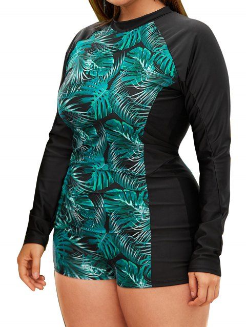 Plus Size Tropical Leaf Print Vacation One-piece Swimsuit Padded Zipper Long Sleeve Modest Swimwear