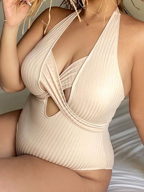 Plus Size & Curve One-piece Swimwear Solid Color Textured Halter Swimsuit Crossover Bowknot Padded Beach Swimwear