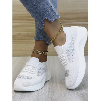 

Rhinestone Lace Up Slip On Flat Platform Casual Shoes, White