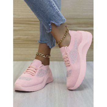 

Rhinestone Lace Up Slip On Flat Platform Casual Shoes, Pink