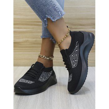 

Rhinestone Lace Up Slip On Flat Platform Casual Shoes, Black