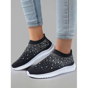 

Rhinestone Flat Platform Slip On Knitted Casual Outdoor Shoes, Black