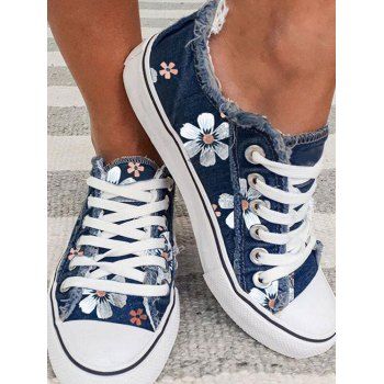 

Floral Print Frayed Hem Lace Up Flat Shoes, Deep blue