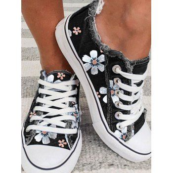 

Floral Print Frayed Hem Lace Up Flat Shoes, Black