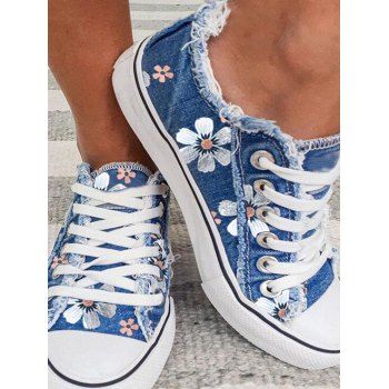 

Floral Print Frayed Hem Lace Up Flat Shoes, Light blue