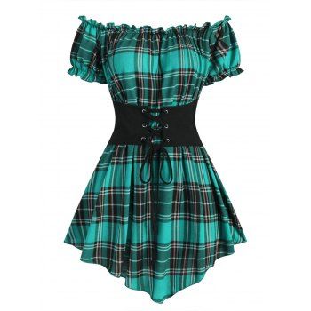 

Plaid Ruffled Off The Shoulder Corset Waist Short Sleeve Pointed Hem Top, Green