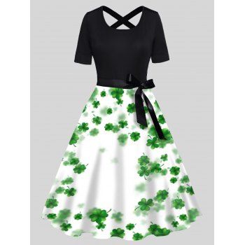 

Flower Print Short Sleeve Dress Bowknot Cross Back Belted High Waist A Line Midi Dress, Black