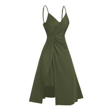 

Plain Color A Line Midi Dress Twisted Slit Plunging Spaghetti Strap Summer Dress, Deep green