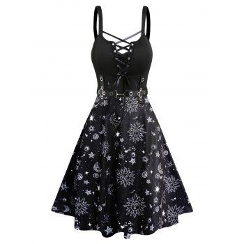 

Sun Moon Star Print Dress Lace Up Grommet Buckle Strap Crisscross High Waisted A Line Mini Dress, Multicolor