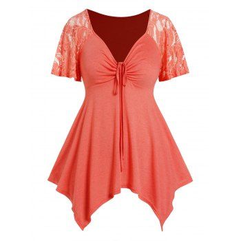 

Plus Size T-shirt Sheer Lace Panel Short Sleeve Tee Asymmetric Cinched Ruched T Shirt, Orange