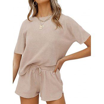 

Solid Color Textured Short Sleeve Top And Drawstring Elastic Waist Shorts Two Piece Set, Light coffee