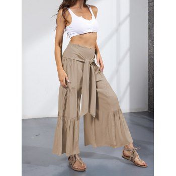 

Solid Color Ruched Wide Leg Pants Shirred Waist Self Belt Loose Pants, Light coffee