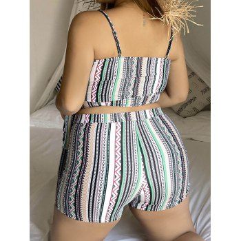 Plus Size Ethnic Style Tankini Swimsuit Tribal Print Belted Boyshorts Summer Vacation Swimwear