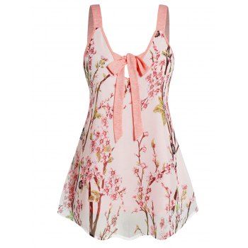 

Plus Size & Curve Tank Top Peach Blossom Print Sheer Chiffon Overlay Tank Top Bowknot Casual Long Tank Top, Light pink