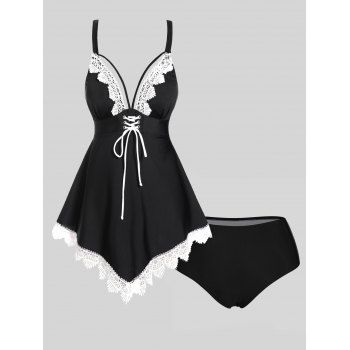 

Modest Tankini Swimsuit Lace Panel Swimwear Hollow Out Lace Up Scalloped Padded Bathing Suit, Black