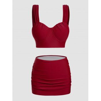 

Underwire Tankini Swimsuit Solid Color High Waist Skorts Bathing Suit, Deep red