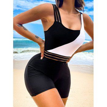 

Contrast Two Tone One-piece Swimsuit Padded Sheer Stripe Panel Boyleg Beach Swimwear, Black