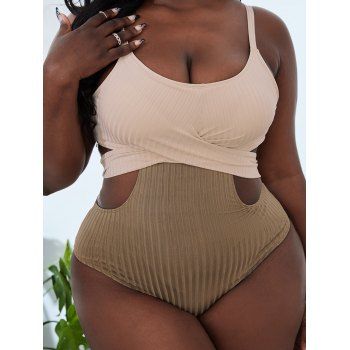 

Plus Size & Curve One-piece Swimsuit Colorblock Cut Out Monokini Swimsuit Crossover Bowknot Textured Padded Beach Swimwear, Light coffee