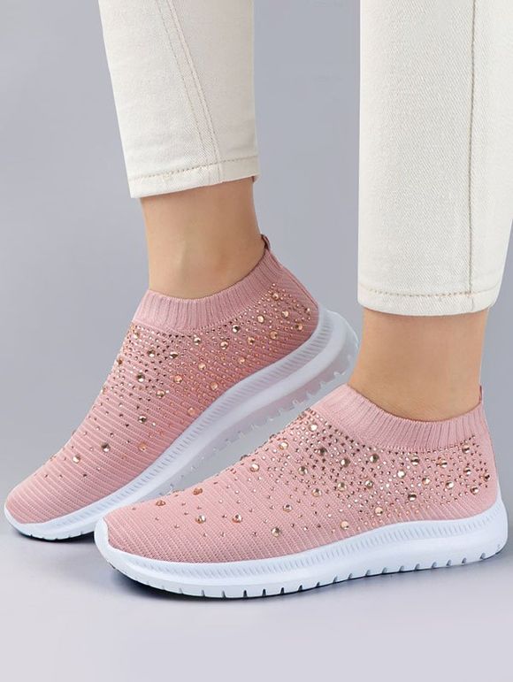 Rhinestone Flat Platform Slip On Knitted Casual Outdoor Shoes - Rose EU 36