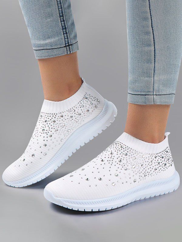 Rhinestone Flat Platform Slip On Knitted Casual Outdoor Shoes - WHITE EU 43