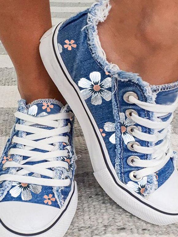 Floral Print Frayed Hem Lace Up Flat Shoes - Bleu clair EU 39