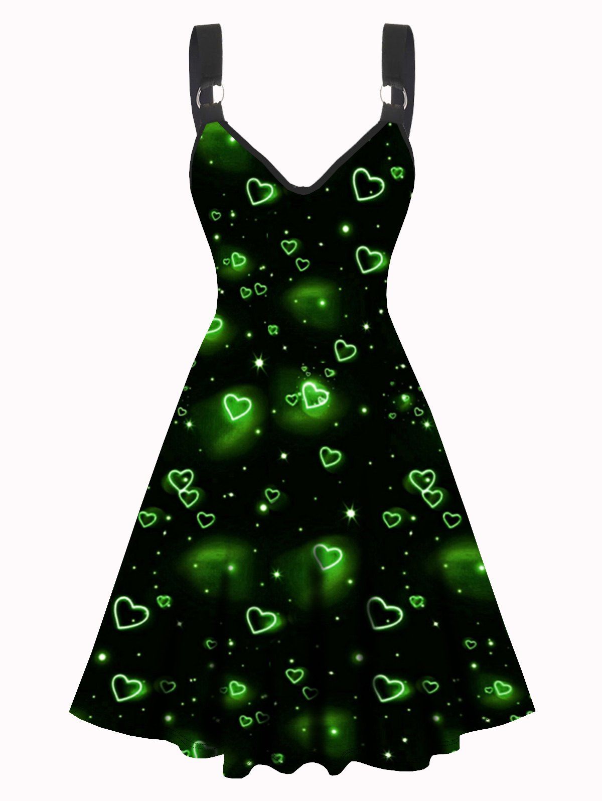 Mini Robe de Vacances Ligne A Cœur Imprimée à Taille Haute à Col V - Noir XL