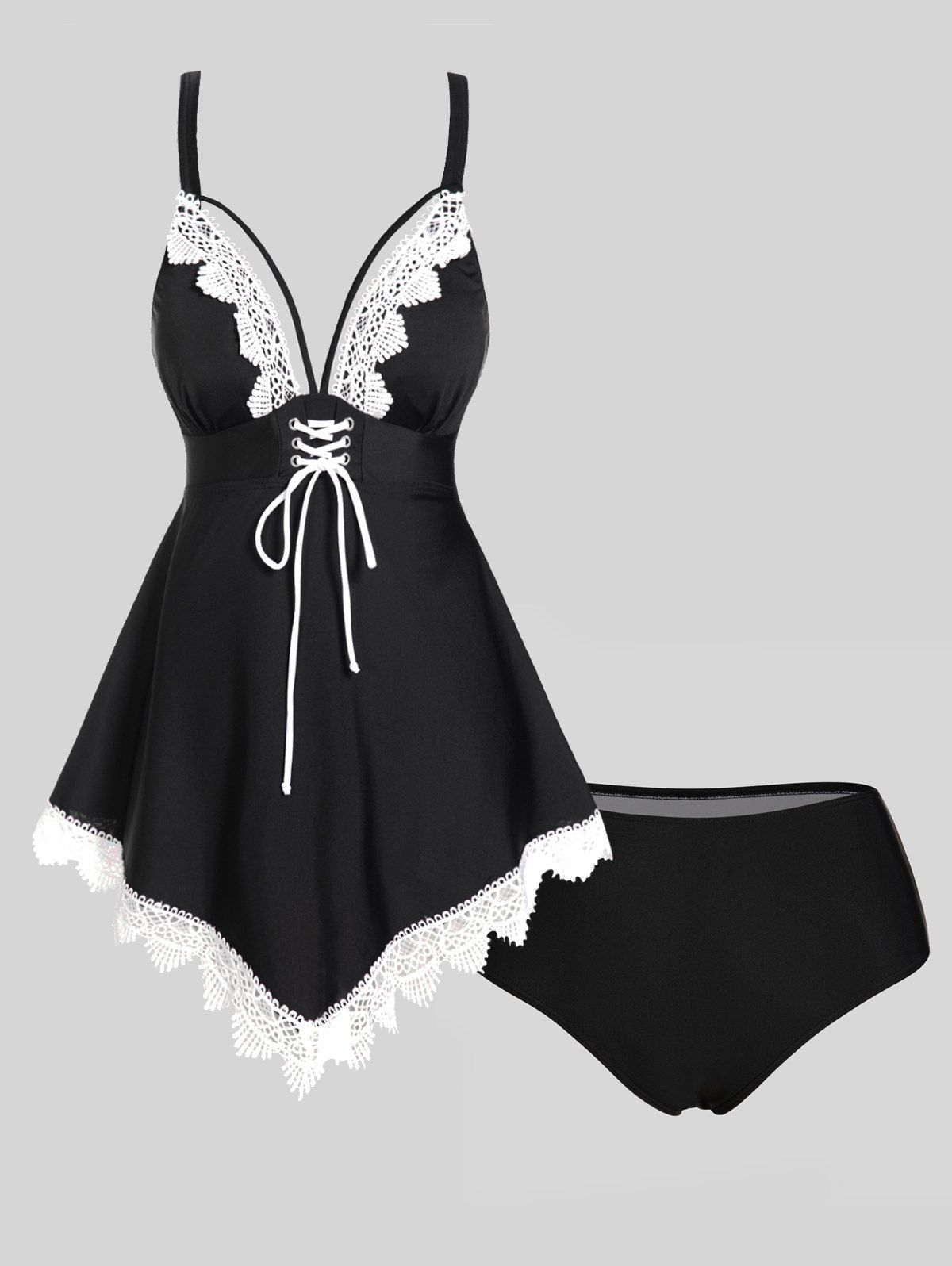 Modest Tankini Swimsuit Lace Panel Swimwear Hollow Out Lace Up Scalloped Padded Bathing Suit - BLACK L