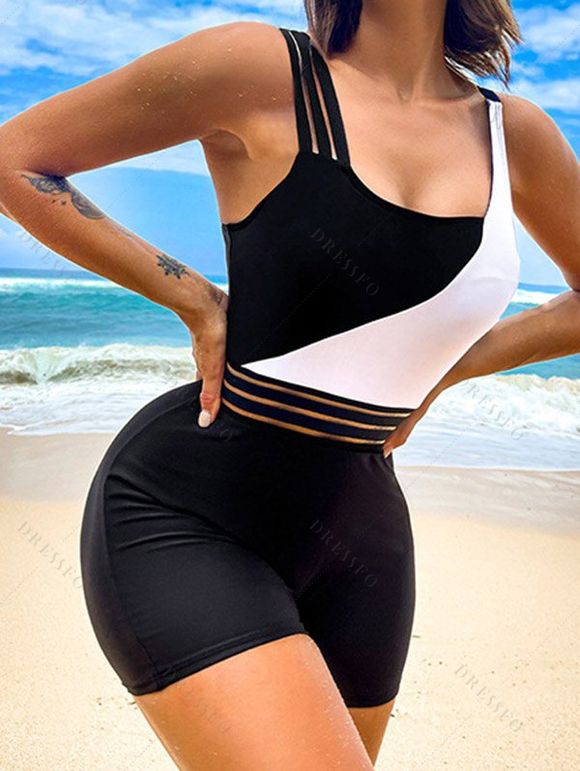 Contrast Two Tone One-piece Swimsuit Padded Sheer Stripe Panel Boyleg Beach Swimwear - BLACK S