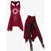 Celestial Sun Moon Print Long Asymmetric Tank Top And Solid Color Open Front Lace Up Irregular Hem Skirt Outfit - RED S