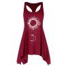 Celestial Sun Moon Print Long Asymmetric Tank Top And Solid Color Open Front Lace Up Irregular Hem Skirt Outfit - RED S