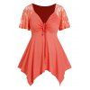 T-shirt Asymétrique Panneau en Dentelle Transparente Grande Taille à Volants - Orange 1X