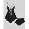 Modest Tankini Swimsuit Lace Panel Swimwear Hollow Out Lace Up Scalloped Padded Bathing Suit - BLACK S