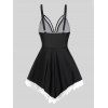 Modest Tankini Swimsuit Lace Panel Swimwear Hollow Out Lace Up Scalloped Padded Bathing Suit - BLACK S