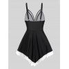 Modest Tankini Swimsuit Lace Panel Swimwear Hollow Out Lace Up Scalloped Padded Bathing Suit - BLACK M
