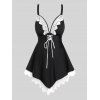 Modest Tankini Swimsuit Lace Panel Swimwear Hollow Out Lace Up Scalloped Padded Bathing Suit - BLACK L