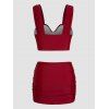 Underwire Tankini Swimsuit Solid Color High Waist Skorts Bathing Suit - DEEP RED S