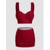 Underwire Tankini Swimsuit Solid Color High Waist Skorts Bathing Suit - DEEP RED S