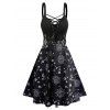 Sun Moon Star Print Dress Lace Up Grommet Buckle Strap Crisscross High Waisted A Line Mini Dress