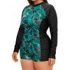 Plus Size Tropical Leaf Print Vacation One-piece Swimsuit Padded Zipper Long Sleeve Modest Swimwear - multicolor 3XL