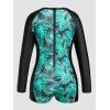 Plus Size Tropical Leaf Print Vacation One-piece Swimsuit Padded Zipper Long Sleeve Modest Swimwear - multicolor 3XL