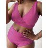 Plus Size Bikini Swimsuit Plain Color Textured Padded Surplice Swimwear Tummy Control Vacation Bathing Suit - LIGHT PINK 4XL
