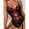 See Thru Lace Embroidery Lip Pattern Scalloped Cut Out Bowknot Garter Underwire Lingeries - BLACK 2XL