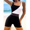 Contrast Two Tone One-piece Swimsuit Padded Sheer Stripe Panel Boyleg Beach Swimwear - BLACK S