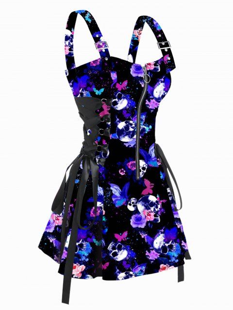 Gothic Dress Skull Butterfly Print Zip Up Lace Up Adjustable Strap High Waisted A Line Mini Dress