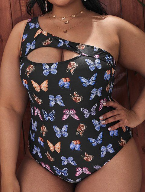 Plus Size Allover Butterfly Print One-piece Swimsuit One Shoulder Cut Out Padded Beach Swimwear