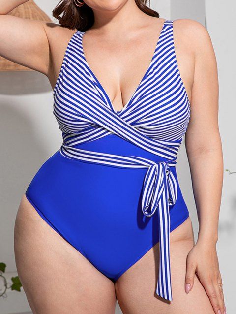 Plus Size Contrasting Stripe Print One-piece Swimsuit Crossover Padded Adjustable Straps Modest Swimsuit
