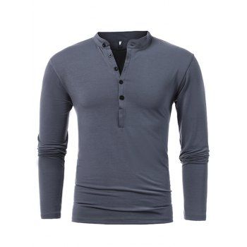 

Half Button Long Sleeve T-shirt Contrasting Patchwork Stand Collar Tee, Gray