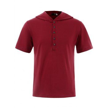 

Half Button Short Sleeve Hooded T-shirt Solid Color Casual Tee, Deep red