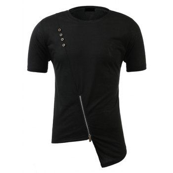 

Asymmetric Short Sleeve T-shirt Solid Color Mock Button Zipper Casual Tee, Black